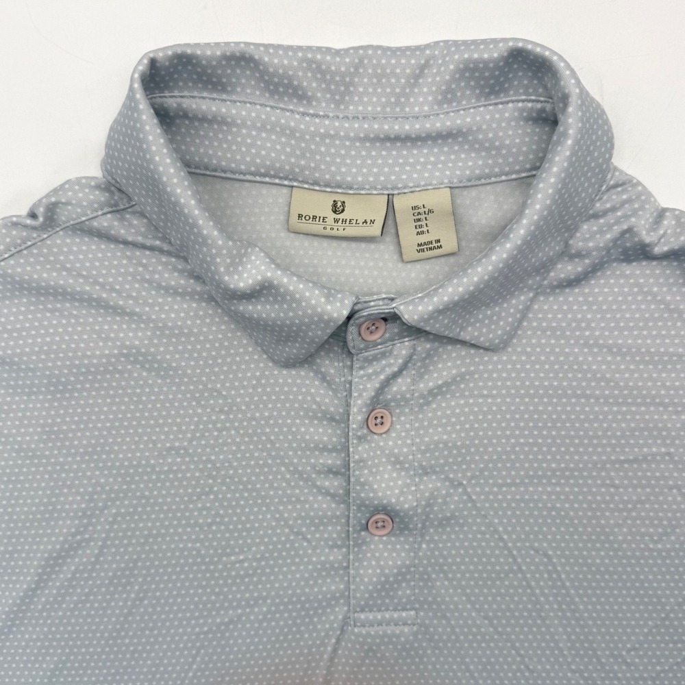 Rorie Whelan Golf Polo Mens L Light Blue Micro Dot Short Sleeve Stretch Shirt